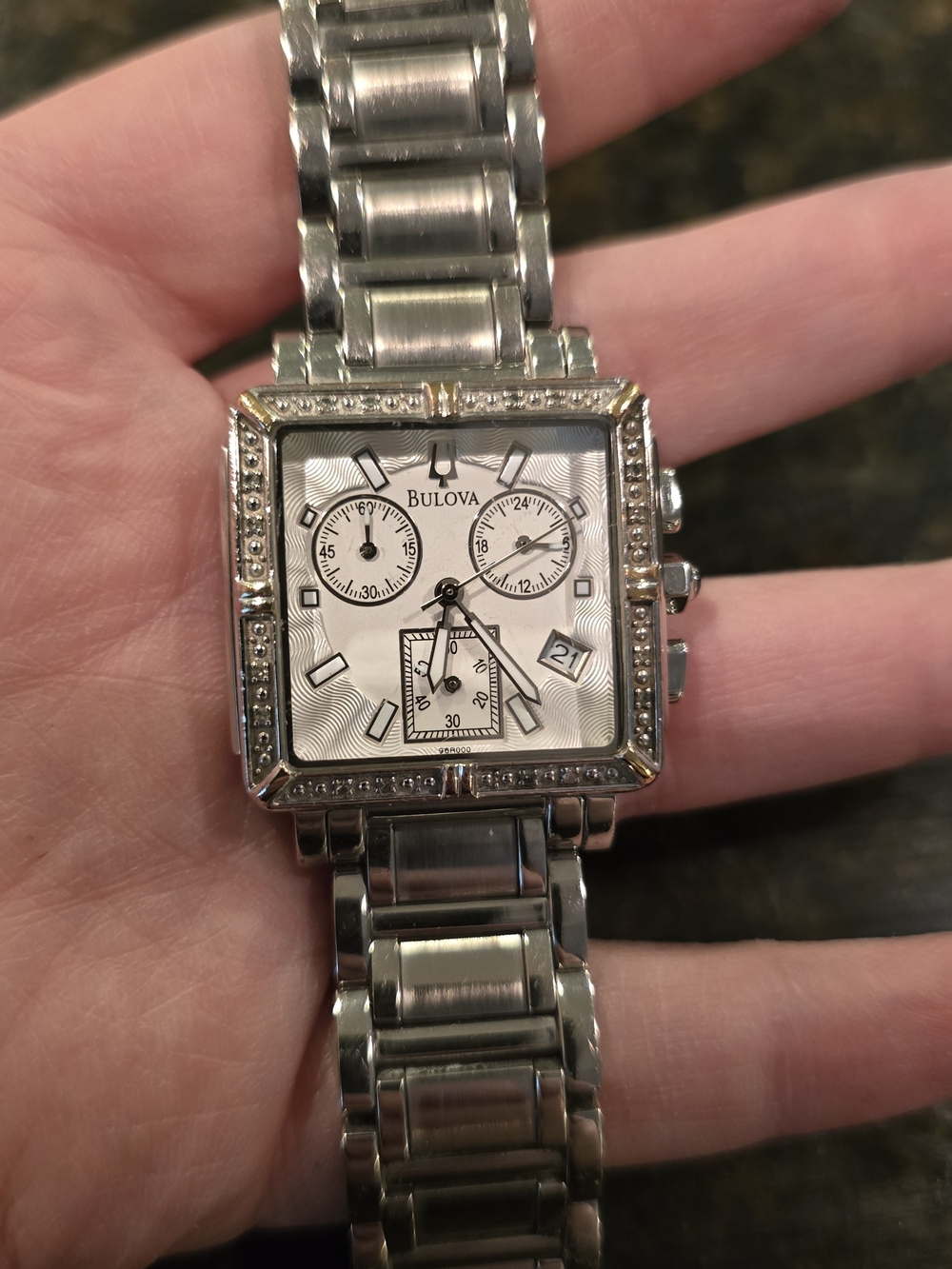 Bulova Silver-Tone Chronograph Square Watch With Diamond Accents